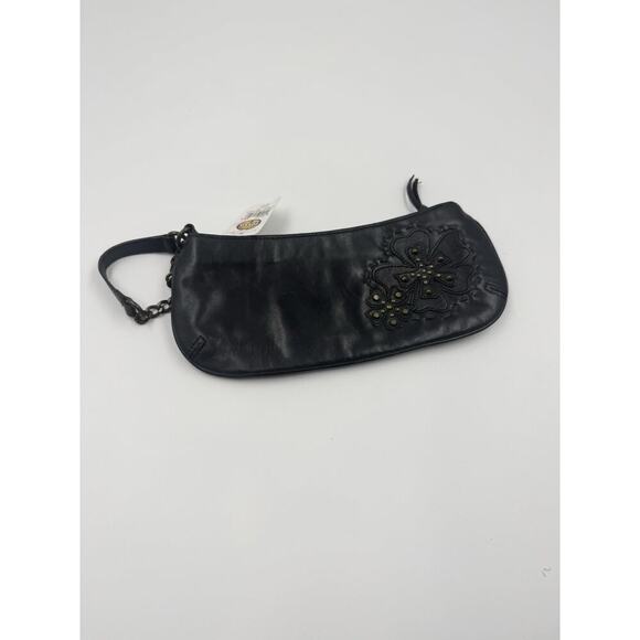 Fossil Vtg Y2K Black Leather studded Butterfly Embroidered Wristlet Clutch Purse - Picture 1 of 6